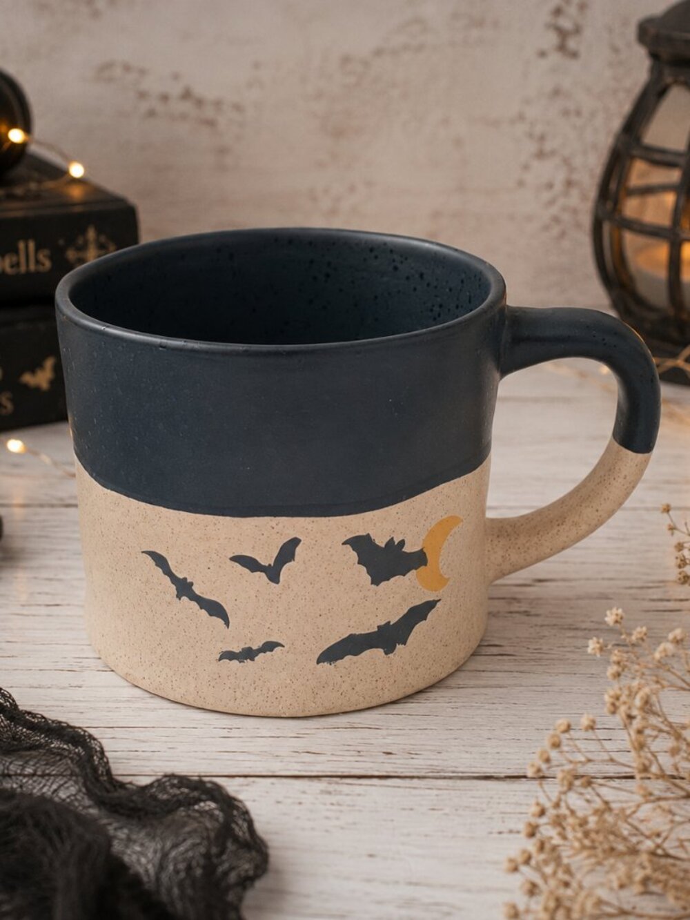 2/20$ Prima Design Halloween Bat & Moon Ceramic Mug Blue Beige